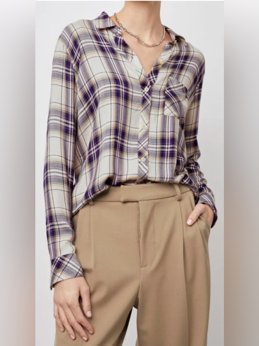 🆕 Rails Hunter Long Sleeve Plaid Button Down Shirt in Stone Navy Fuschia Large
